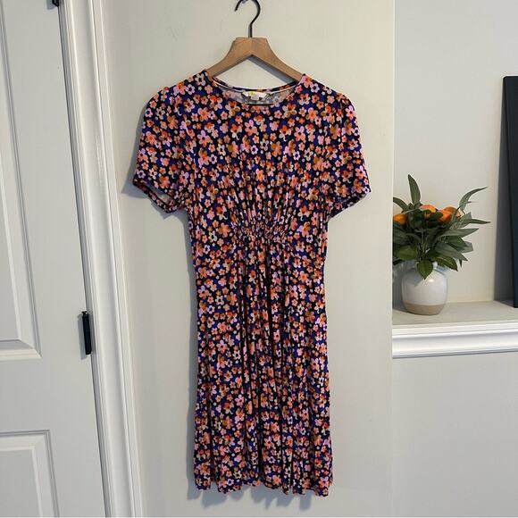 Boden Navy Blue Pink Retro Floral Jersey Mini Dress 6R - Picture 9 of 10
